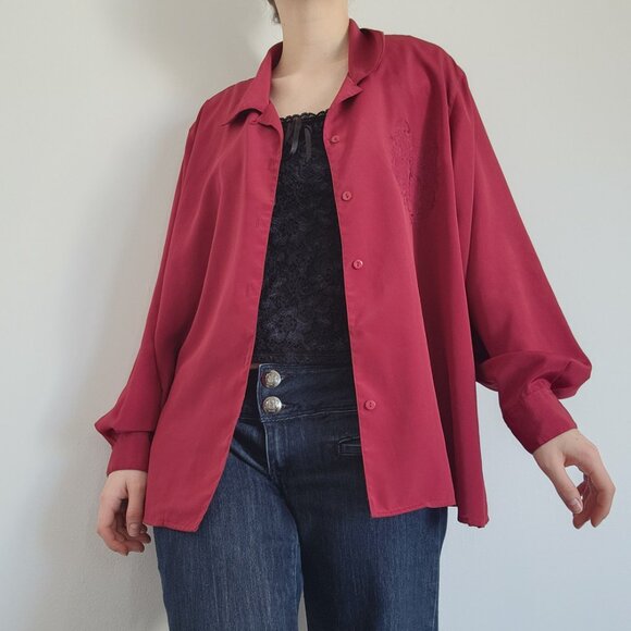 Vintage 90s Liz Moody classic french red puffy long sleeved button-up shirt - Picture 4 of 16